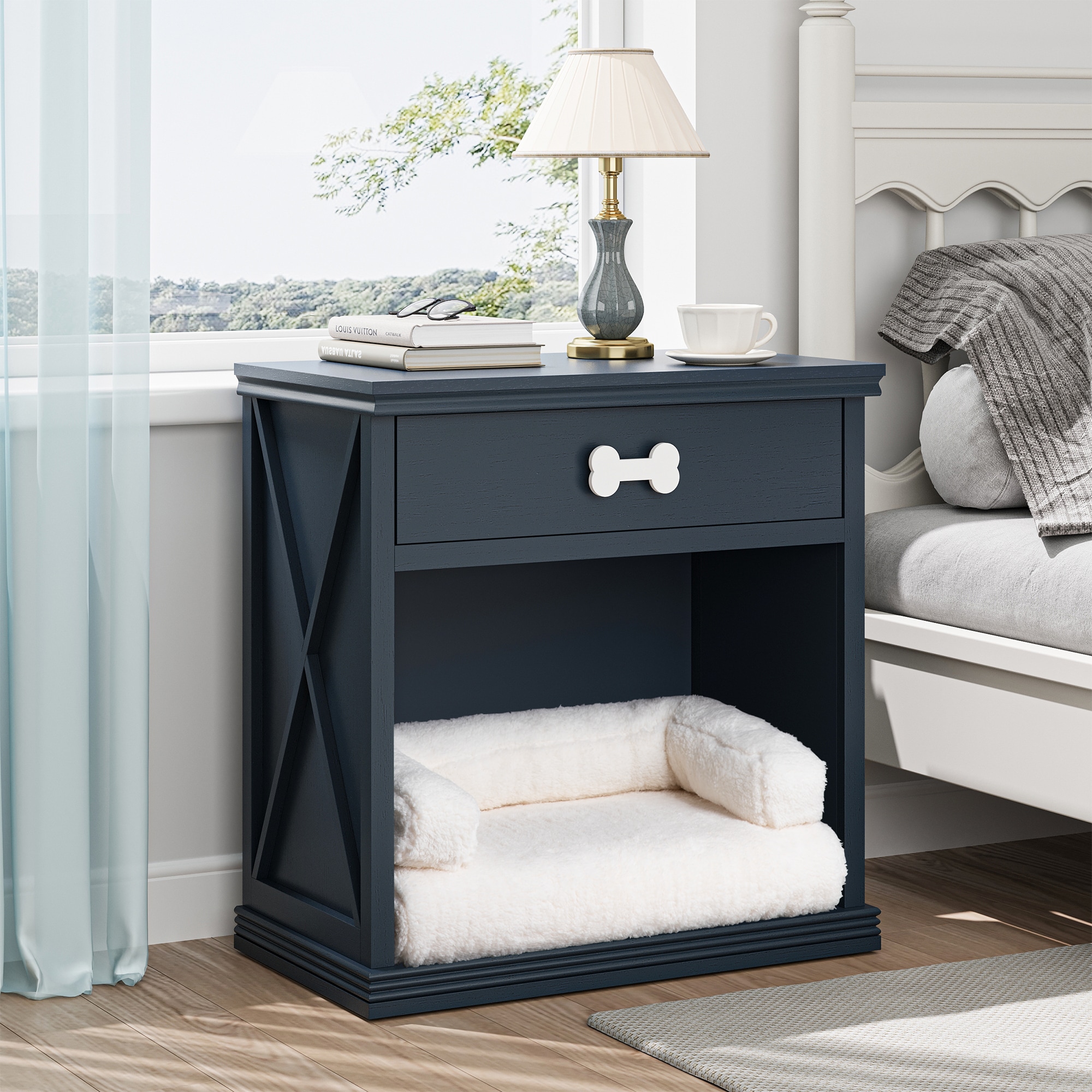 Cat Litter Box Enclosure Nightstand With Led Light Navy Blue_voghion.com